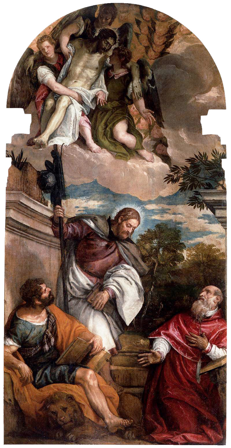 saints mark james and jerome with the dead christ borne by angels